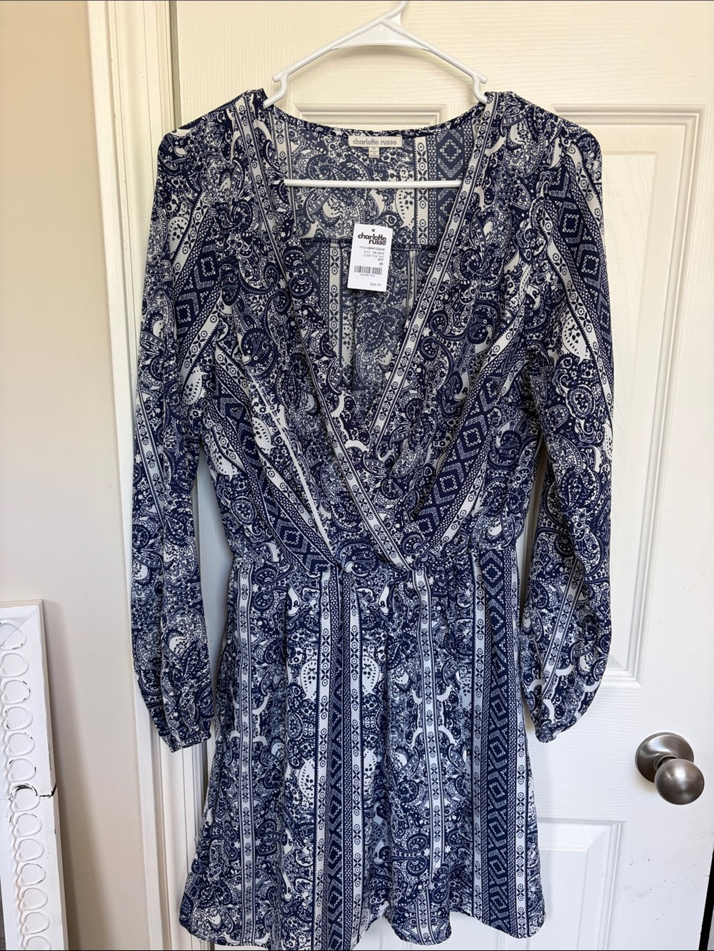 Charlotte Russe Navy and White Paisley Faux-Wrap Long Sleeve Dress